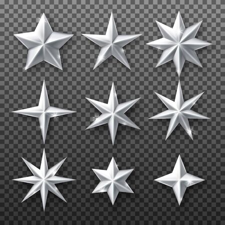 Silver star set isolated on transparent background. Vector realistic decorationのイラスト素材