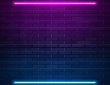 Retro Abstract Blue And Purple Neon Lights On Black Brick Wall With Empty Space For Text. Vector Illustration. Abstract Futuristic Neon Glowing Backgroundのイラスト素材