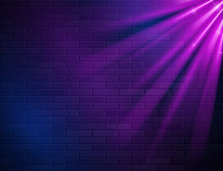 Retro Abstract Blue And Purple Neon Light Rays On Black Brick Wall With Empty Space For Text. Vector Illustration. Abstract Futuristic Neon Glowing Backgroundのイラスト素材