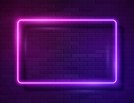 Neon Glowing Rectangle Frame for Banner on Dark Empty Grunge Brick Backgroundのイラスト素材