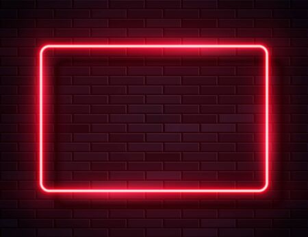 Neon Glowing Rectangle Frame for Banner on Dark Empty Grunge Brick Backgroundのイラスト素材