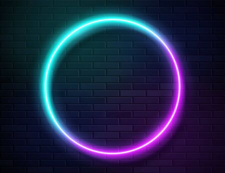 Futuristic Sci Fi Modern Neon Gradient Glowing Circle Frame for Banner on Dark Empty Grunge Concrete Brick Background. Vector Vintage Purple Pink Blue Mint Colored Lights. Retro Neon Signのイラスト素材