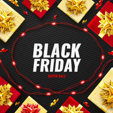 Black Friday Super Sale poster with realistic red gifts boxesのイラスト素材