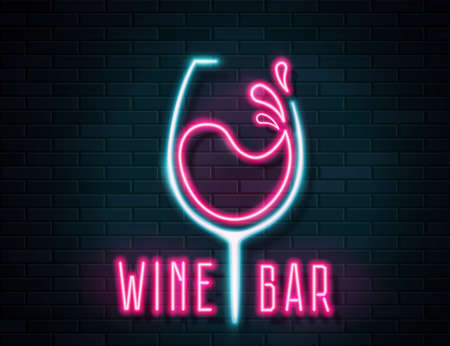 Retro neon wine glass sign on wall backgroundのイラスト素材