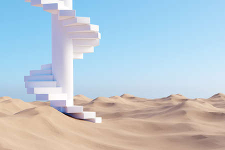 Surreal desert landscape with white spiral staircase on sandの写真素材