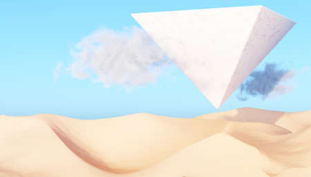 Surreal desert landscape with white flying pyramid and white clouds