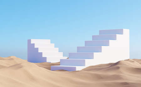 Surreal desert landscape with white staircases on sandの写真素材