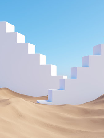 Surreal desert landscape with white staircases on sandの写真素材