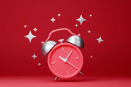 Red retro ringing alarm clock with white stars on red background. Vintage design
