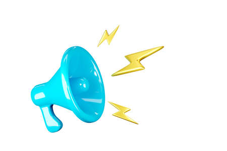 Blue megaphone with yellow lightnings isolated on white backgroundの写真素材