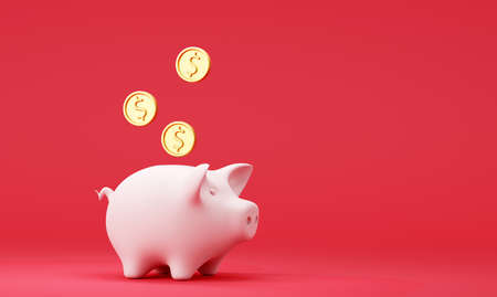 Piggy bank with falling dollar coins on red backgroundの写真素材
