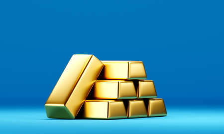 Golden dollar coins fall out the open safe boxPile or stack of gold barsの写真素材