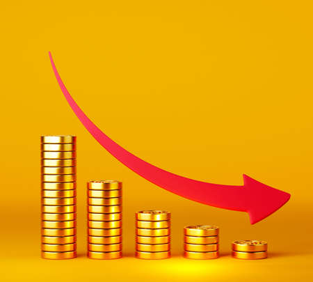Stacks of golden coins and red arrow down on bright yellow background