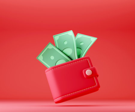 Red wallet with cash dollar bills on red backgroundの写真素材