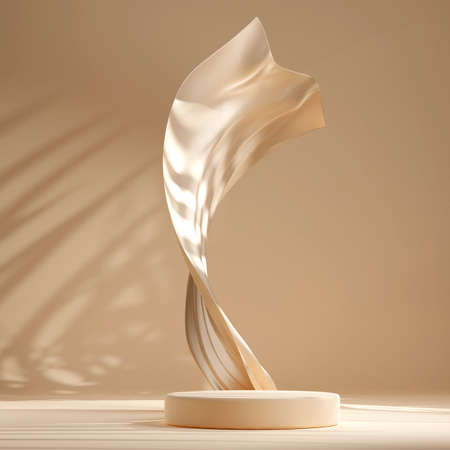 Beige pastel podium with beige flying fabric, cloth backgroundの写真素材