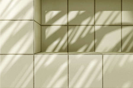 Beige pastel tiles bathroom or kitchen background with podium