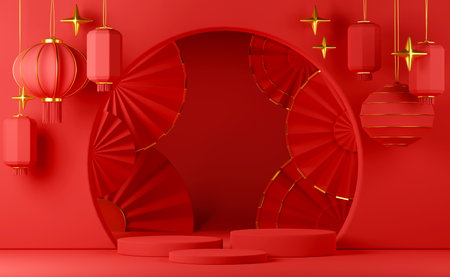 Chinese red luxury background with pedestal, podium, round stageの写真素材