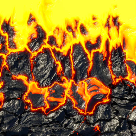 Realistic lava flame on black ash background. Texture of molten magma surface