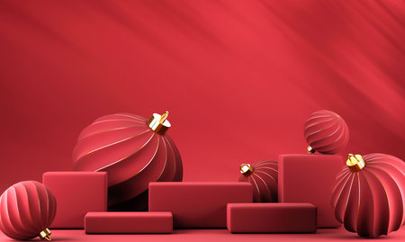 3D abstract Christmas red background with red Christmas ornamentsの写真素材