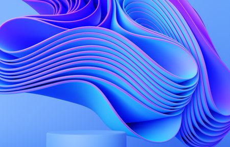 Neon, blue and pink podium background with abstract wavy cloth, folded fabric