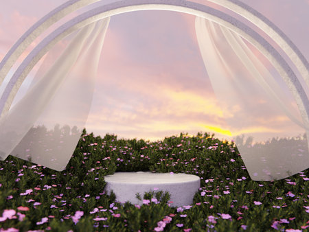 Natural beauty podium backdrop with spring pink flower field sunset sceneの写真素材