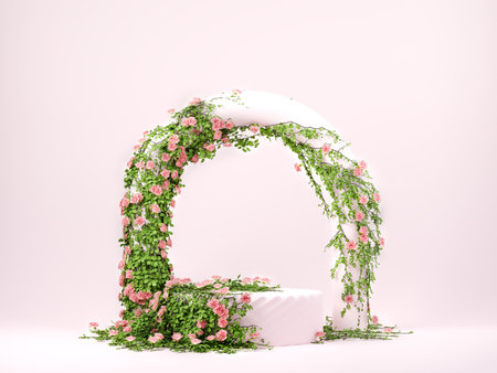 3d spring floral scene with podium display on pink pastel backgroundの写真素材