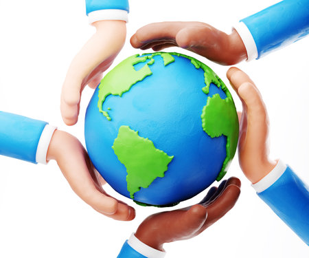 Sustain earth concept: Human plasticine stylised hands holding Earthの写真素材