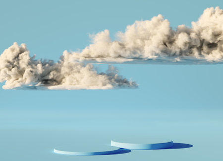 Abstract background with white clouds fly the inside the room with podiumの写真素材