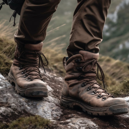 Man hiking up mountain trail. AI generatedの素材