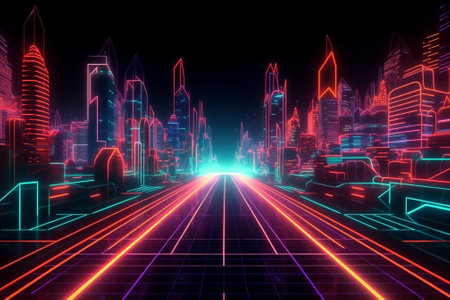 Neon futuristic corridor filled with neon lights. AI generatedの素材
