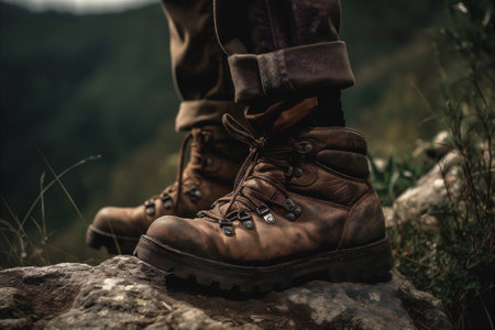 Man hiking up mountain trail. AI generatedの素材