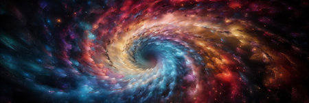 Abstract colourful spiral galaxy in space, interstellar nebula, realistic swirling vortex. AI generatedの素材