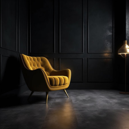Dark room with yellow armchair on black wall background. AI generatedの素材