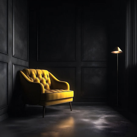 Dark room with yellow armchair on black wall background. AI generated.の素材