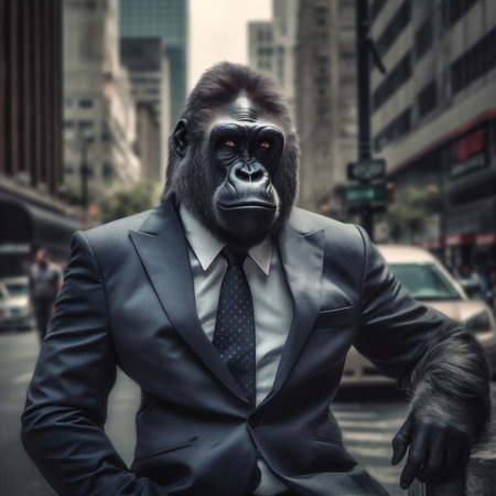 Gorilla in business suit in the city. AI generated.の素材