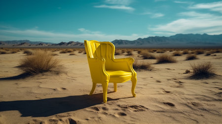Yellow armchair in the middle of the surrealistic desert. AI generatedの素材