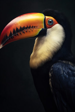 Close up toucan portrait on black background. AI generatedの素材