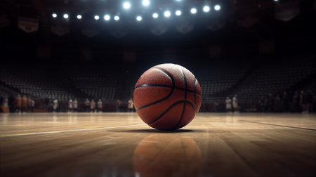 Basketball ball on the floor of a basketball court. AI generatedの素材