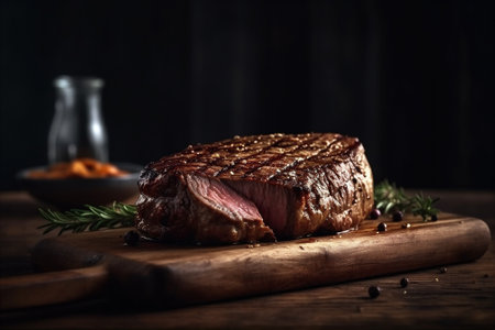 Grilled beef steak on a wooden cutting board. Black background. AI generatedの素材