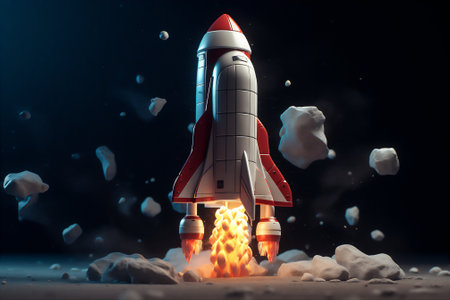 Rocket taking off into space. Business concept. AI generatedの素材