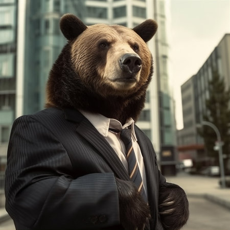 Portrait of a grizzly bear in a business suit and tie. AI generatedの素材