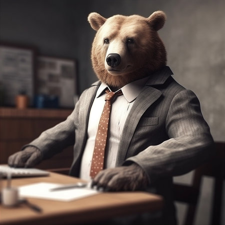 Portrait of a bear in a suit and tie sitting at a table. AI generatedの素材