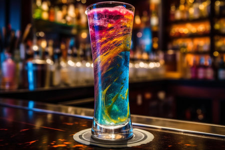 Colorful cocktail in a glass on the bar counter in a nightclub. AI generatedの素材