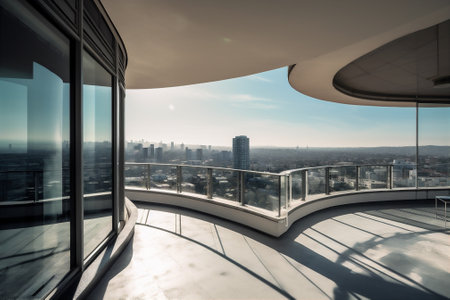 Interior of a modern office building with a panoramic view. AI generatedの素材