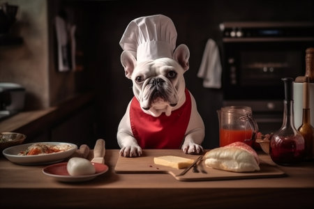 White cute french bulldog wearing chef clothes cooking. AI generatedの素材