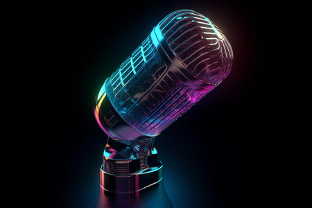 Retro professional microphone in neon futuristic style. Podcast background. AI generatedの素材