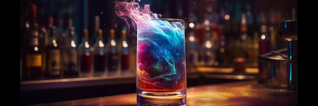 Bright colourful vividly swirling cocktail in long glass. Cosmic, galaxy cocktail. AI generatedの素材