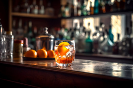 Freshly made Spritz cocktail on bar counter with blurred bar background, vintage style. AI generatedの素材