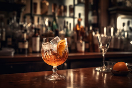 Freshly made Spritz cocktail on bar counter with blurred bar background, vintage style. AI generatedの素材