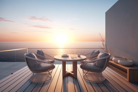 Minimalistic modern terrace with relax area, armchairs and table with sea view. AI generatedの素材